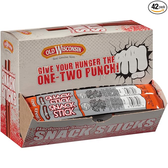Old Wisconsin Turkey Sausage Snack Sticks Naturally Smoked Ready to Eat High Protein Low Carb Keto Gluten Free Counter Box 42 Individually Wrapped Sticks