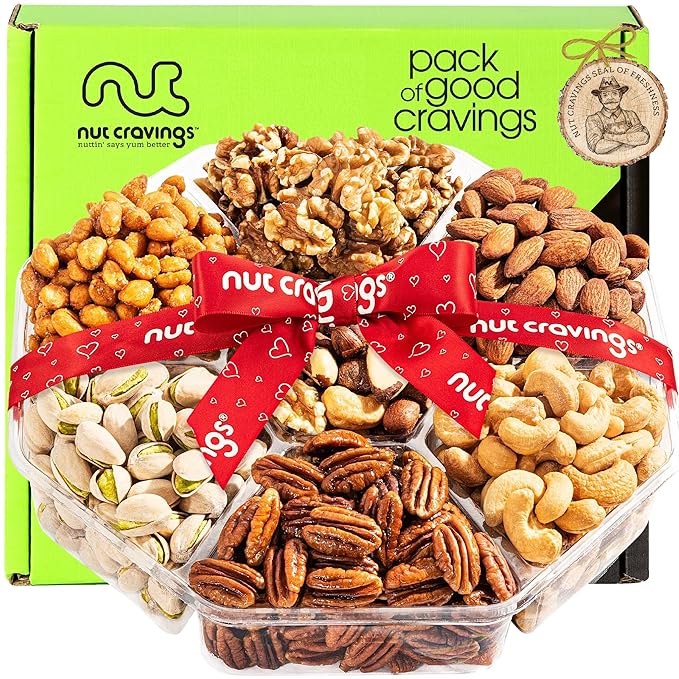 NUT CRAVINGS - Easter Mixed Nuts Gift Basket + Heart Ribbon (7 Assortments) Ramadan Gifts Saint Patrick's Day Treats for Adults Food Arrangement Healthy Snack Care Package Kosher