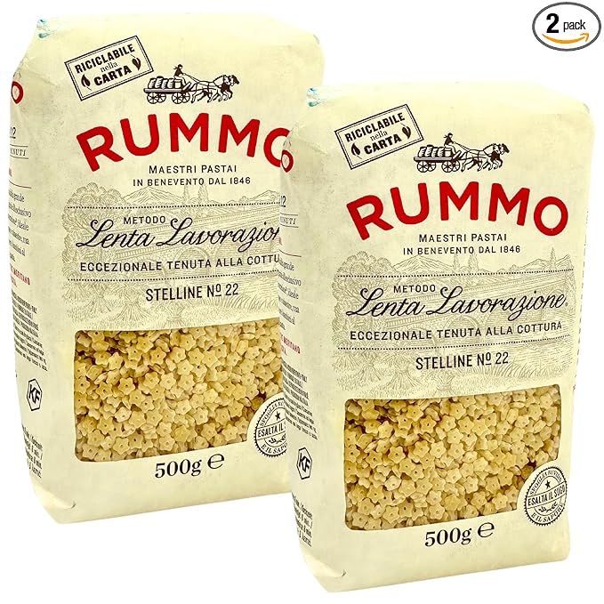Rummo Stelline Pasta Stars from Italy 1.1 lb. (500g)(Pack of 2) Pastina Pasta Stars - Stellini - Similar to Ditalini Anellini Anelletti - Tubetti Rings - Soup - Tiny Star - Bronze Cut - Slow Dried