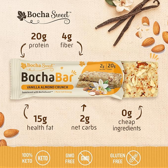 BochaSweet Keto Protein Bar Vanilla Almond Crunch BochaBar 20g Grass Fed Collagen Low Carb Keto-Friendly Gluten Free 12 Count