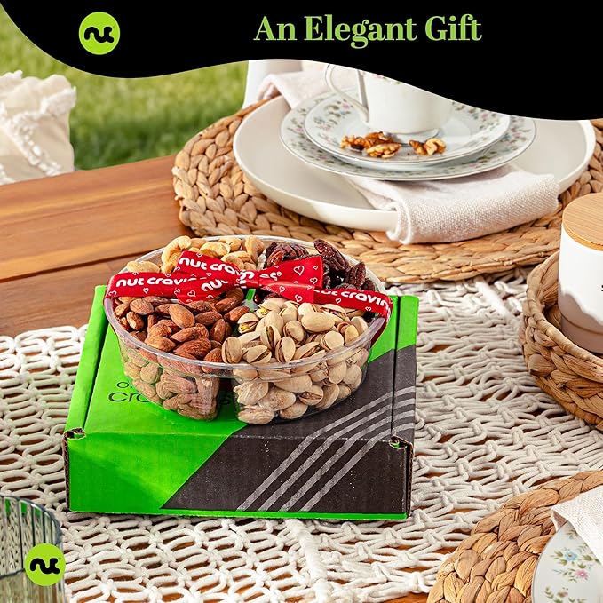 NUT CRAVINGS - Easter Mixed Nuts Gift Basket + Heart Ribbon (4 Assortments) Ramadan Gifts Saint Patrick's Day Treats for Adults Food Arrangement Healthy Snack Care Package Kosher