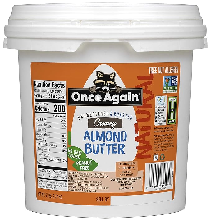 Once Again Natural Creamy Almond Butter 5lb Pantry Pal (same as 5 jars) - Roasted - Salt Free Unsweetened - Gluten Free Certified Peanut Free Vegan Kosher Paleo
