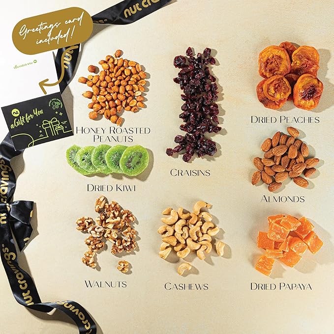 NUT CRAVINGS - Easter Dried Fruit &amp Mixed Nuts Gift Basket Black Tower + Ribbon (8 Assortments) Ramadan Gifts Food Arrangement Healthy Snack Care Package Kosher