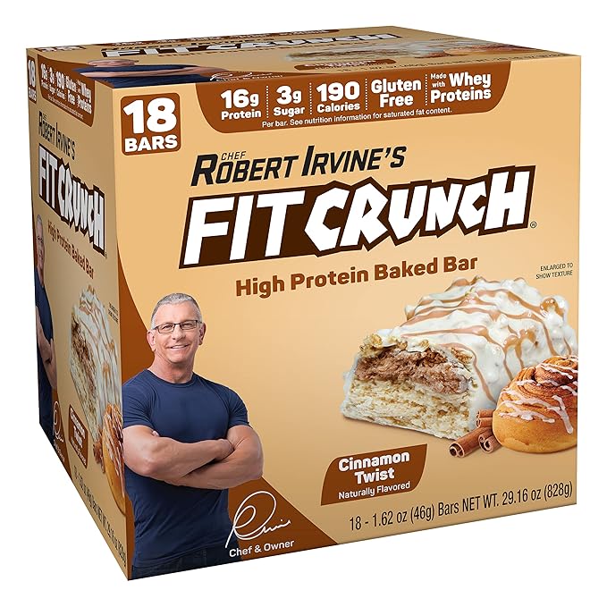 FITCRUNCH Snack Size Protein Bars 6-Layer Baked Bar 3g of Sugar &amp Soft Cake Core (18 Bars Cinnamon Twist)