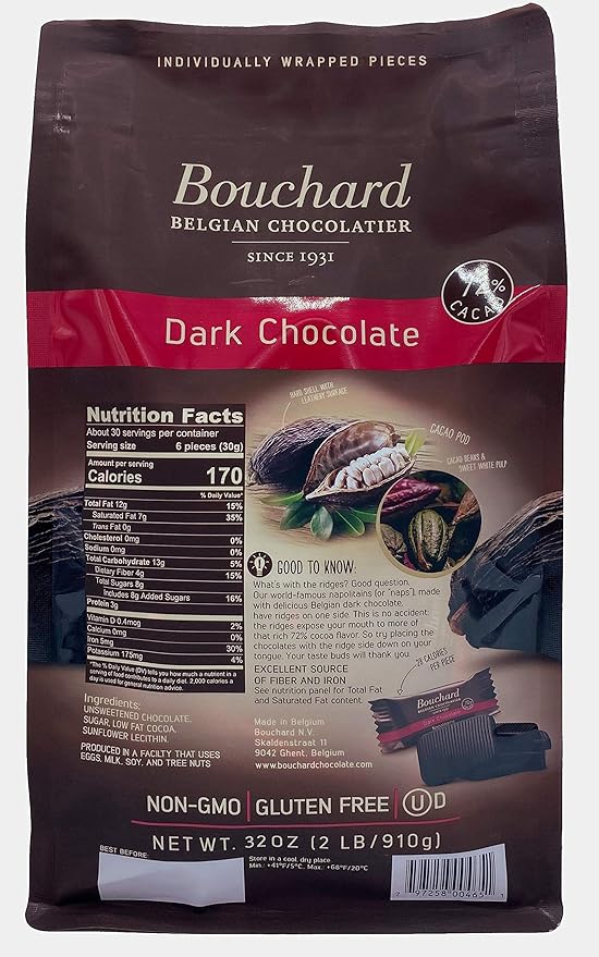 Bouchard Premium Belgian Dark Chocolate with 72% Cacao | Individually Wrapped Pieces (2 LB)