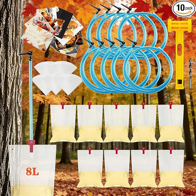 Maple Syrup Tree Tapping Kit with 8L Bags 10 Maple Sap Taps 10 Food Grade 3ft Tubing 10 Bags 5 Syrup Filters Maple Birch Walnut Sugaring Starter Supplies Collection Gift for Experts or Beginners