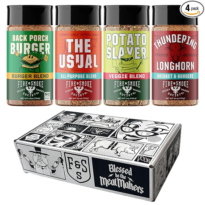Fire &amp Smoke Society Burger &amp Fries Seasoning Variety Pack | BBQ Rubs and Seasonings for Smoking and Grilling | Father's Day Gifts for Dad Grilling Accessories Large (4-Pack)