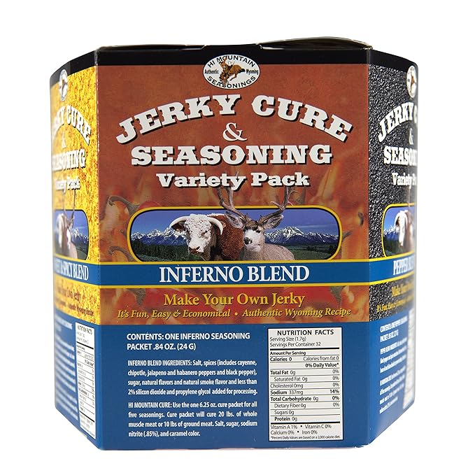 Hi Mountain Jerky Seasoning and Cure Kit | VARIETY PACK #2 | 5 Delicous Flavors: Mandarin Teriyaki Pepperoni Sweet &amp Spicy Inferno Pepper | Make Beef Jerky at Home | Beef Deer Elk &amp Veni