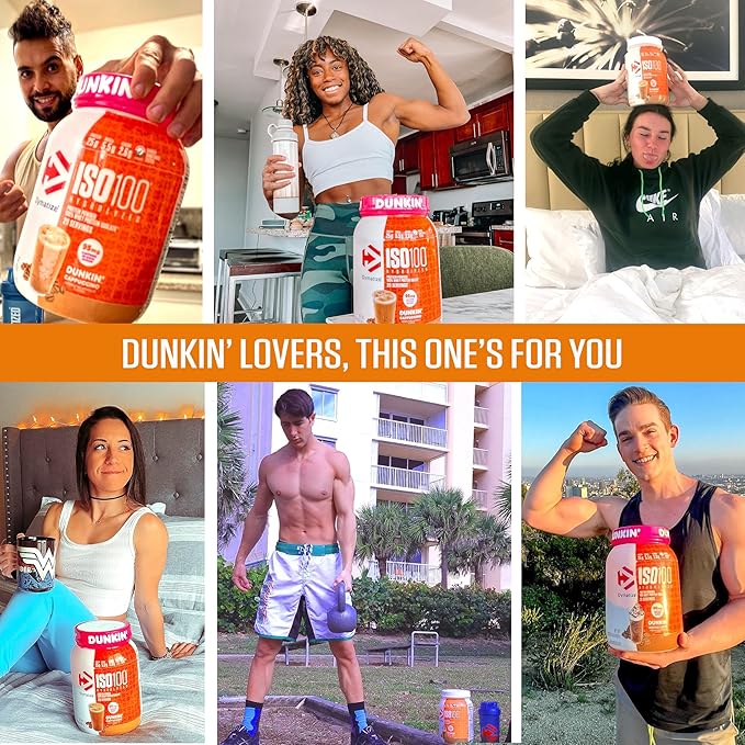 Dymatize x Dunkin' Mocha Latte ISO100 Whey Protein Powder 95mg Caffeine 25g of Protein 20 Servings 5.5g BCAAs 120 Cal. Gluten Free 1g Fat 1g Sugar 3g Carb