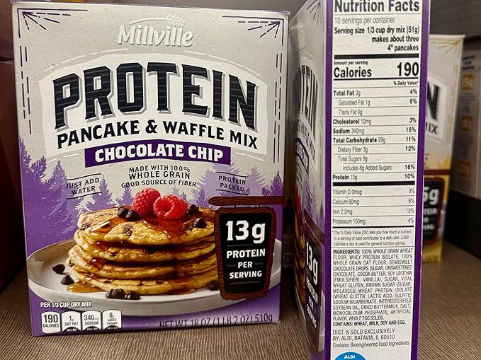 Millville Protein Pancake &amp Waffle Mix Chocolate Chip 13g Protein per Serving 100% Whole Grain 18 oz