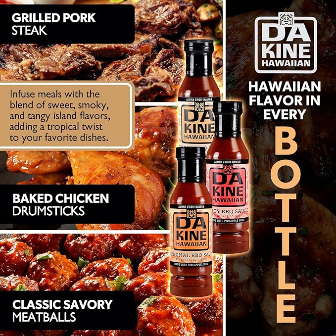 Da Kine Hawaiian BBQ Sauce - Premium Gourmet Barbecue Sauce Gluten-Free Flavored Seasoning &amp Dipping BBQ Spices for Meat Fish &amp Vegetables Grill &amp Kitchen Essentials - 3 Flavors 12 oz
