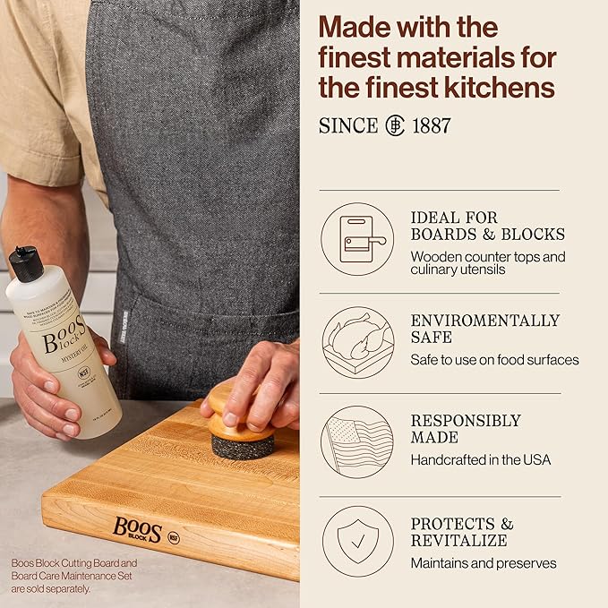 John Boos 2-Piece Care Set 16 oz Mystery Oil &amp Round Beechwood Applicator - All-Natural Maintenance Formula for Butcher Blocks Cutting Boards Wooden Countertops &amp Wood Utensils