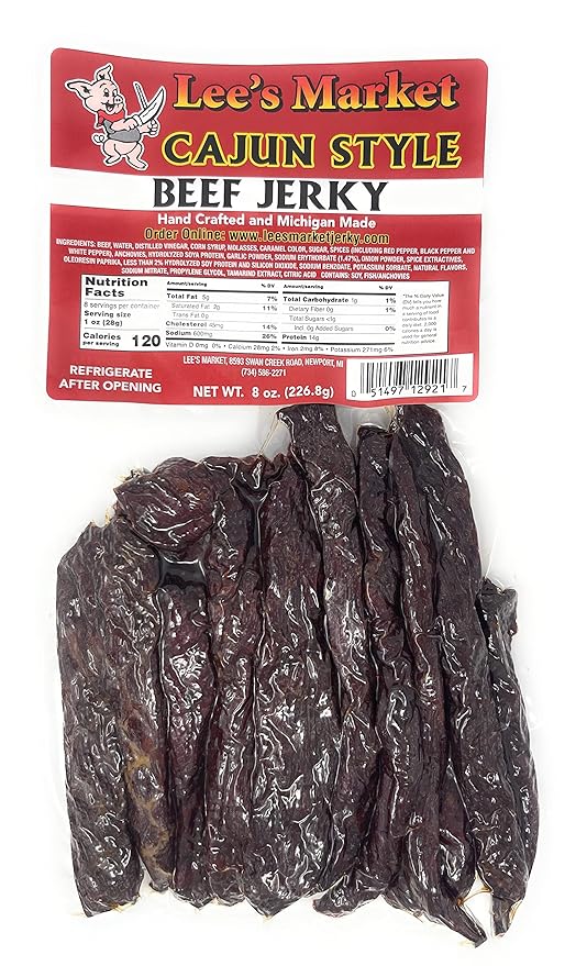Lee's Market Cajun Style Beef Jerky - Soft &amp Tender - Healthy Low Carb Gluten-Free Snack - Paleo &amp Keto-Friendly - Michigan Made Handcrafted Jerky - Specialty Gourmet Meat Snacks - 8oz