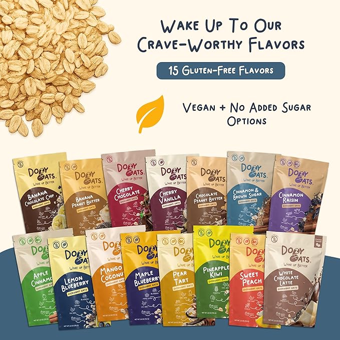 Dozy Oats Overnight Oatmeal Packets Custom Box Pick-Your-Own Flavors with Rolled Oats Chia Seeds Date Powder and Dried Fruit. Gluten-Free Natural Source of Protein and Fiber 10-Pack