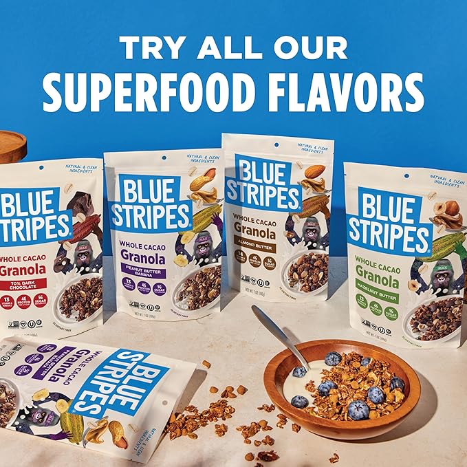 Blue Stripes Whole Cacao Granola - Gluten Free 70% Dark Chocolate Granola for Cereal Oatmeal Yogurt 5g Protein Per Serving Source of Fiber Vegan Low Sugar - Dark Chocolate 7 oz Bag (3 Pack)