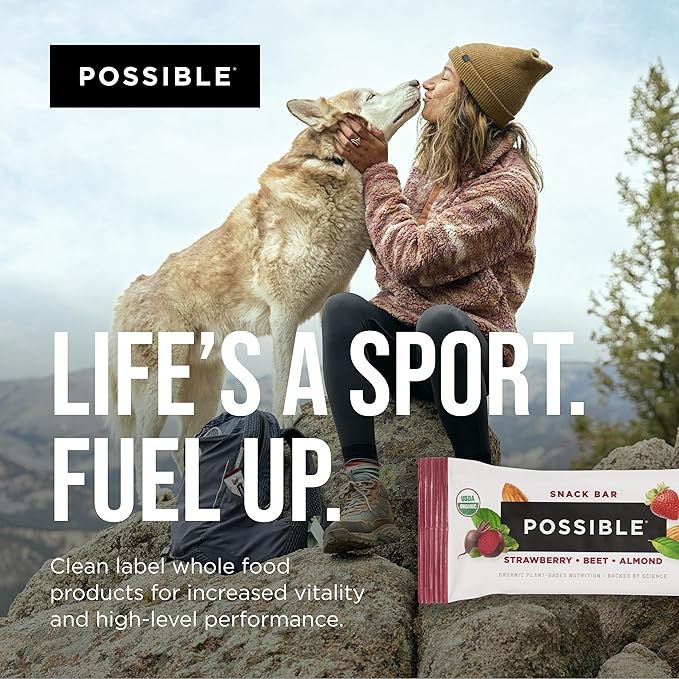 POSSIBLE Snack Bar - Whole Food Snack to Support a Healthy &amp Active Lifestyle - 10g of Organic Plant-Based Protein - Energy Support with Healthy Fats - Strawberry Beet Almond 12 Count (Pack of 1)