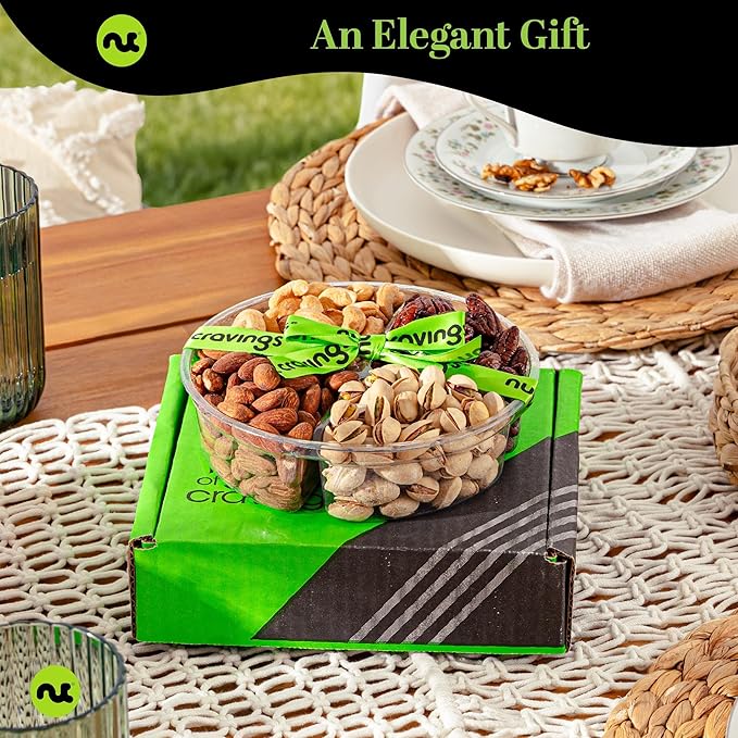 NUT CRAVINGS - Easter Mixed Nuts Gift Basket + Green Ribbon (4 Assortments) Ramadan Gifts Saint Patrick's Day Treats for Adults Food Arrangement Healthy Snack Care Package Kosher
