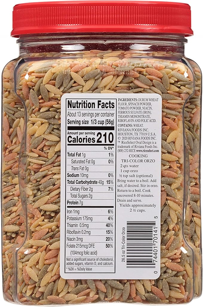 RiceSelect Tri-Color Orzo Pasta Non-GMO 26.5 oz (Pack of 4 Jars)