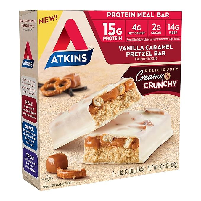 Atkins Vanilla Caramel Pretzel Protein Meal Bar High Fiber 2g Sugar 4g Net Carbs Meal Replacement Keto Friendly 5 Count