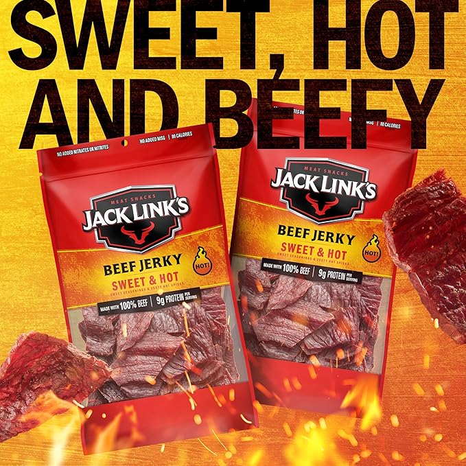 Jack Link's Beef Jerky Sweet &amp Hot Large Jerky Bags - Flavorful Meat Snacks Ready to Eat Protein Snacks 9g of Protein per Serving Made with 100% Beef - 9 Oz. (Pack of 2)