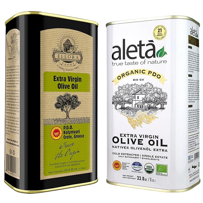 Aleta Organic and Ellora Farms Certified Single Estate PDO Extra Virgin Olive Oil Crete Greece 1 Ltr. (33.8 oz) Each Tin Combo Pack