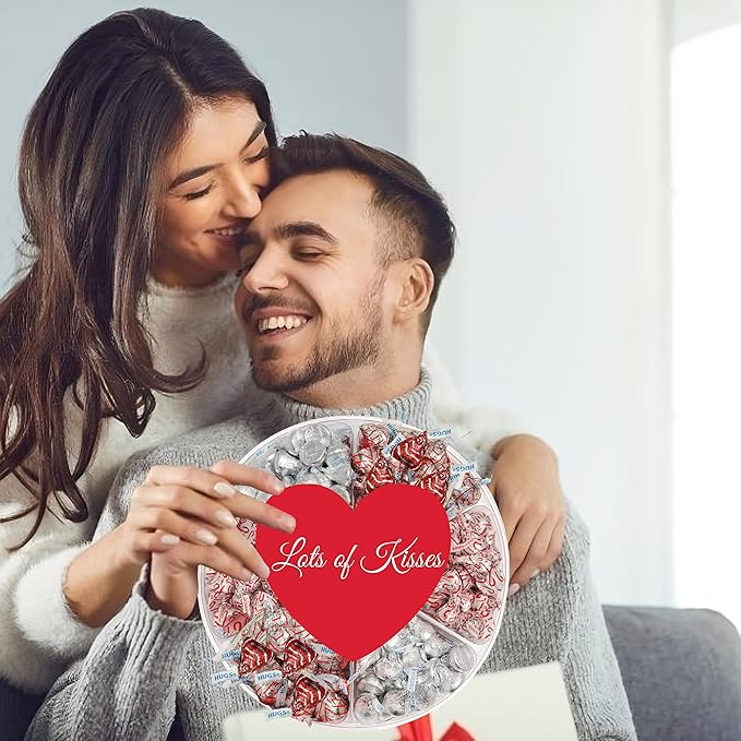 Valentine's Chocolate Candy Gift Box Hershey Milk Chocolate Kisses Assortment in Red and Silver Foils Heart Adorned 6 Sectional Tray Gift Basket for Wife Husband Couples Friends Men and Women
