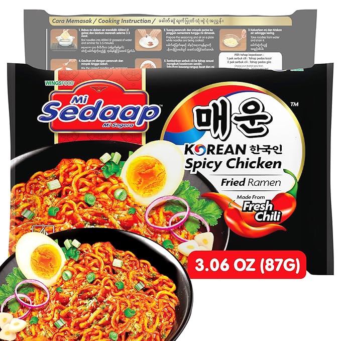 Mi Sedaap Korean Spicy Chicken Instant Fried Ramen Noodles (Pack of 40) – Made with Fresh Chili
