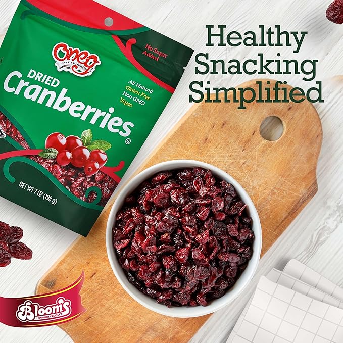 Oneg Dried Cranberries Dried Fruit Snack Gluten Free All Natural Healthy Snack for Kids and Adults Non-GMO Vegan No Sodium Cranberry Fruit Snack Sweet Snack in Resealable Bag 12 Pack 84 0z.