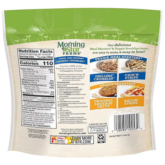 Morningstar Farms Meal Solutions Veggie Chorizo 10 Ounce -- 6 per case.
