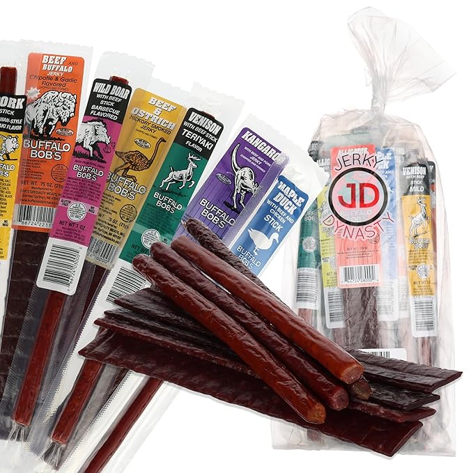 Buffalo Bob's Exotic Jerky Set- Staff Favorite 20 Piece Assortment: Alligator Buffalo Venison Wild Boar Duck Elk - BBQ Cajun Peppered Teriyaki