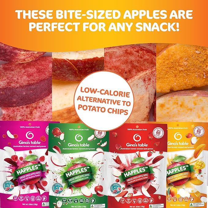 Happles Freeze Dried Apples Variety Pack with Mango Raspberry &amp Strawberry Fruit Powder – 100% Natural No Added Sugar Healthy Low Calorie Apple Crisps Snack No Artificial Flavours (4 Pack)