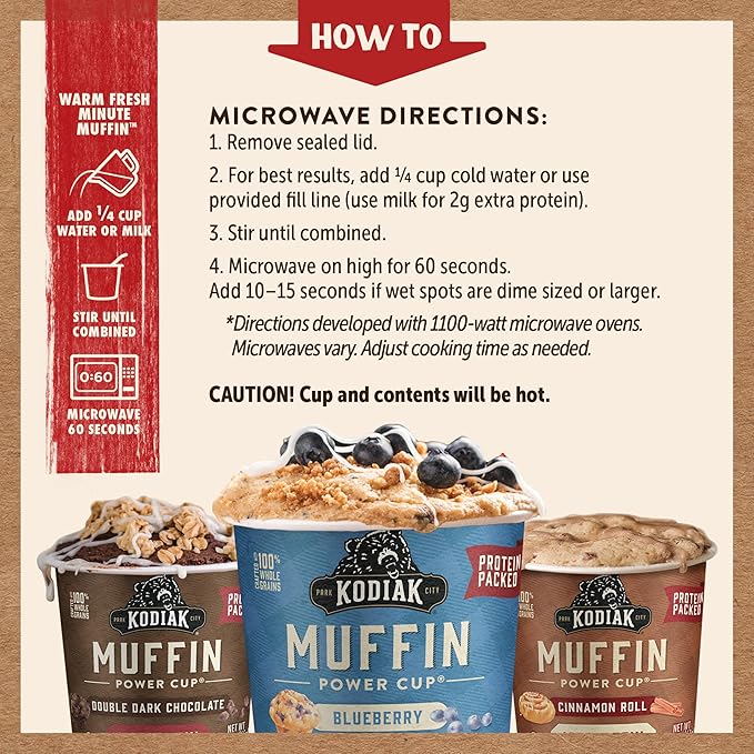Kodiak Cakes Minute Muffin Cup Variety Pack - 100% Whole Grains Double Dark Chocolate Blueberry &amp Cinnamon Roll 2.36 oz (Pack of 12)