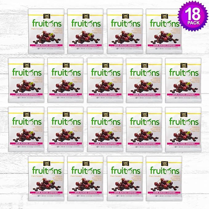 Traina Home Grown Fruitons Sun Dried Cherries Dusted With Sour Sugar - Non-GMO Gluten Free .75 oz bags (Pack of 18)