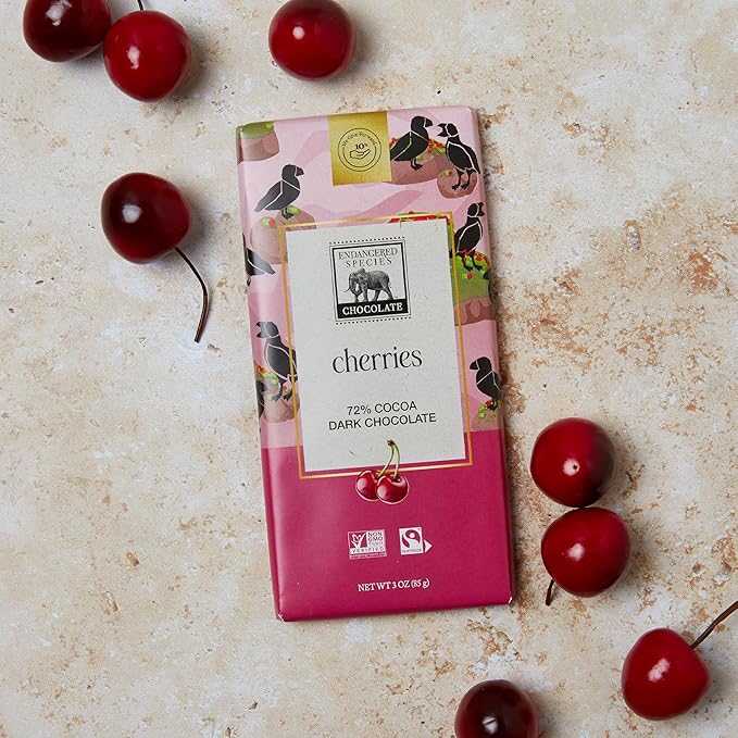 Endangered Species Dark Chocolate Bar with Cherries (72% cocoa)