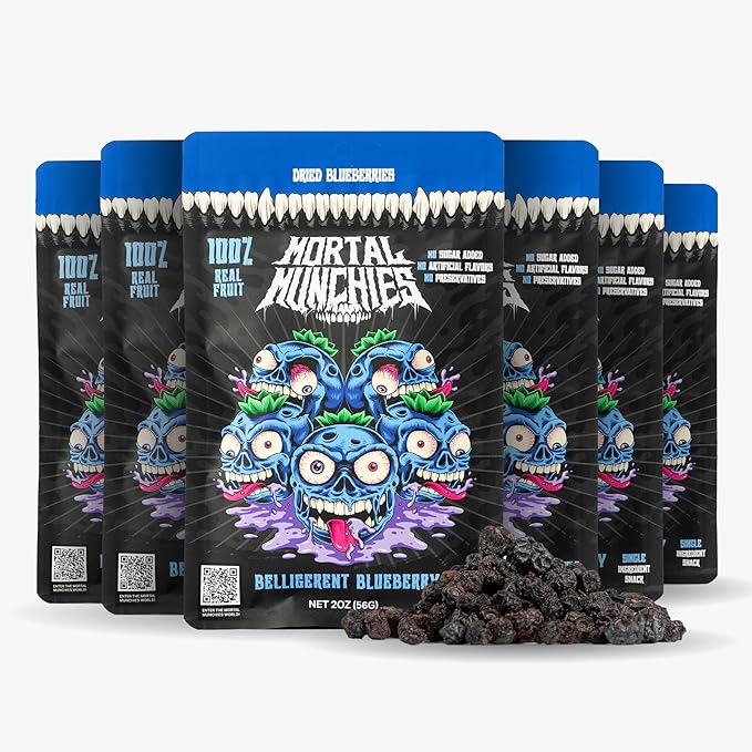 Mortal Munchies - Belligerent Blueberry Dried Fruit (6 Pack 2 Oz) Real Fruit Snack Sweet and Tart Rich in Antioxidants Fat-Free On-the-Go Snacks Healthy Snack for Adults Non-GMO No Added Sugar