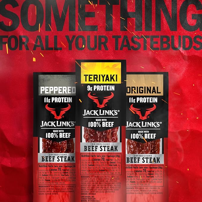 Jack Link's Beef Steak Teriyaki - Protein Snacks Meat Snack with 9g of Protein Made with 100% Beef Individually Wrapped Bulk Snack Pack Keto Friendly - 1 Oz. (12 Count)