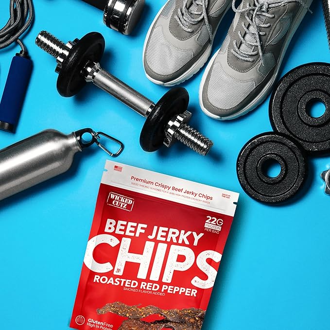 Wicked Cutz Roasted Red Pepper Beef Jerky Chips 22g Protein per Bag Crispy &amp Crunchy Beef Jerky Crisps USA Made Pepper Flavored Chips High Carnivore Snacks (2 Bags)