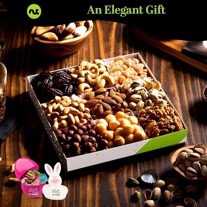 NUT CRAVINGS Gourmet Collection - Easter Treats Candies &amp Mixed Nuts Gift Basket with Happy Easter Ribbon Candy Filled Egg + Bunny (9 Piece Assortment)
