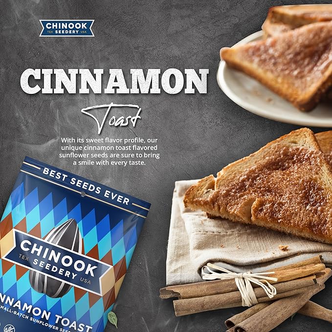 Chinook Seedery Sunflower Seeds to Eat — Jumbo Flavored Roasted Low Sodium Snacks — Keto Friendly Gluten-Free Non-GMO — Cinnamon Toast Flavor 4 oz (12-Pack)