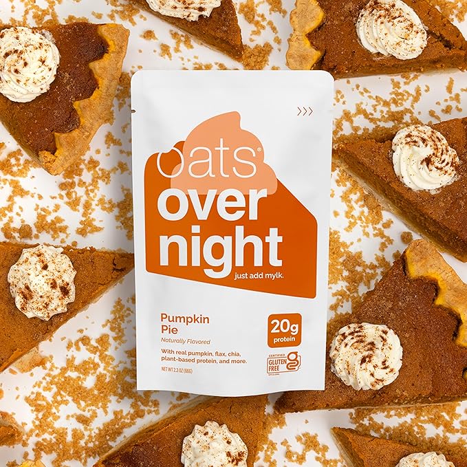 Oats Overnight Pumpkin Pie - Vegan Overnight Oats with 20g Protein High Fiber Breakfast Protein Shake - Gluten Free Oatmeal Non GMO High Protein Oatmeal (2.3 oz per meal) (16 Pack)