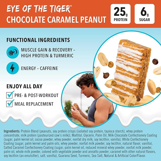 JiMMYBAR! - Eye Of The Tiger Caramel Chocolate Peanut Protein Bars - 25g Protein Bar - 6g Low Sugar - 12 Count - 60g Health Bars - Functional Snack with Real Peanuts &amp Hand-Drizzled Chocolate