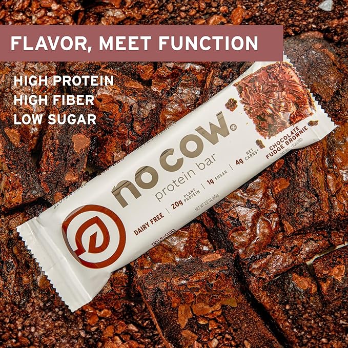 No Cow Vegan Protein Bars Upgraded Chocolate Fudge Brownie | 20g Plant Based Protein Gluten Free Dairy Free Soy Free Keto Friendly Low Sugar High Fiber Snack Bars | Pack of 12