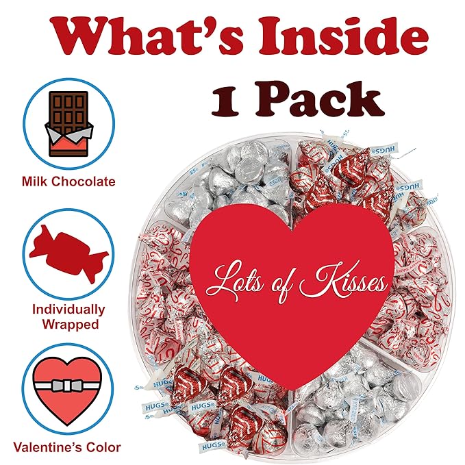 Valentine's Chocolate Candy Gift Box Hershey Milk Chocolate Kisses Assortment in Red and Silver Foils Heart Adorned 6 Sectional Tray Gift Basket for Wife Husband Couples Friends Men and Women