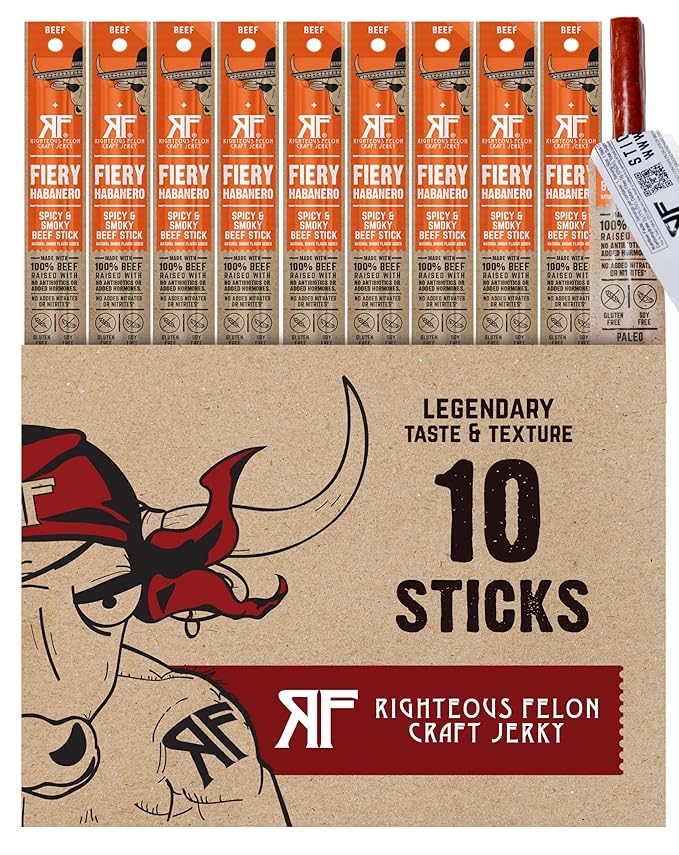 Righteous Felon Meat Sticks | 100% Grass Fed Beef | 9g Protein per Stick | Keto Gluten-Free Low Sugar High Protein Snack Sticks | Individually Wrapped | Fiery Habanero Beef Sticks 10 Count