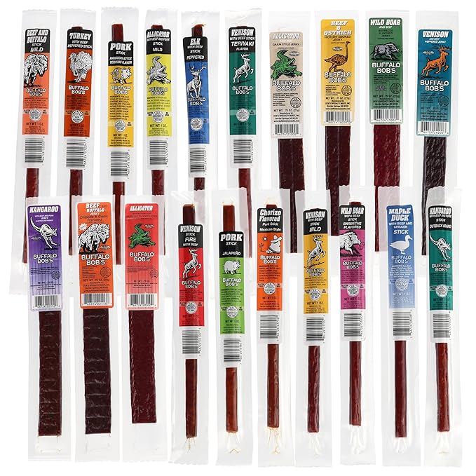 Buffalo Bob's Exotic Jerky Set- Staff Favorite 20 Piece Assortment: Alligator Buffalo Venison Wild Boar Duck Elk - BBQ Cajun Peppered Teriyaki