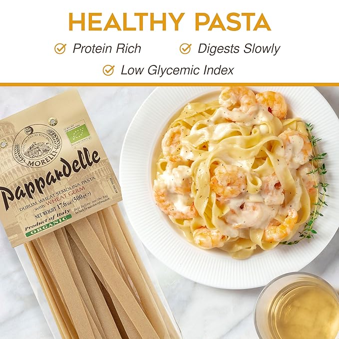 Morelli Organic Pappardelle Pasta Noodles - Imported Pasta from Italy Wide Pappardelle Noodles Gourmet Italian Durum Wheat Semolina With Wheat Germ - 17.6 oz (500 g) - Pack of 2