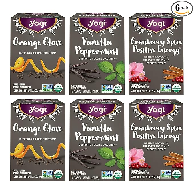 Yogi Tea Holiday Variety Sampler - 16 Bags per Pack (6 Packs) - Holiday Sampler - Includes 2 Vanilla Peppermint 2 Orange Clove &amp 2 Cranberry Spice Positive Energy - Seasonal Tea Sampler Set