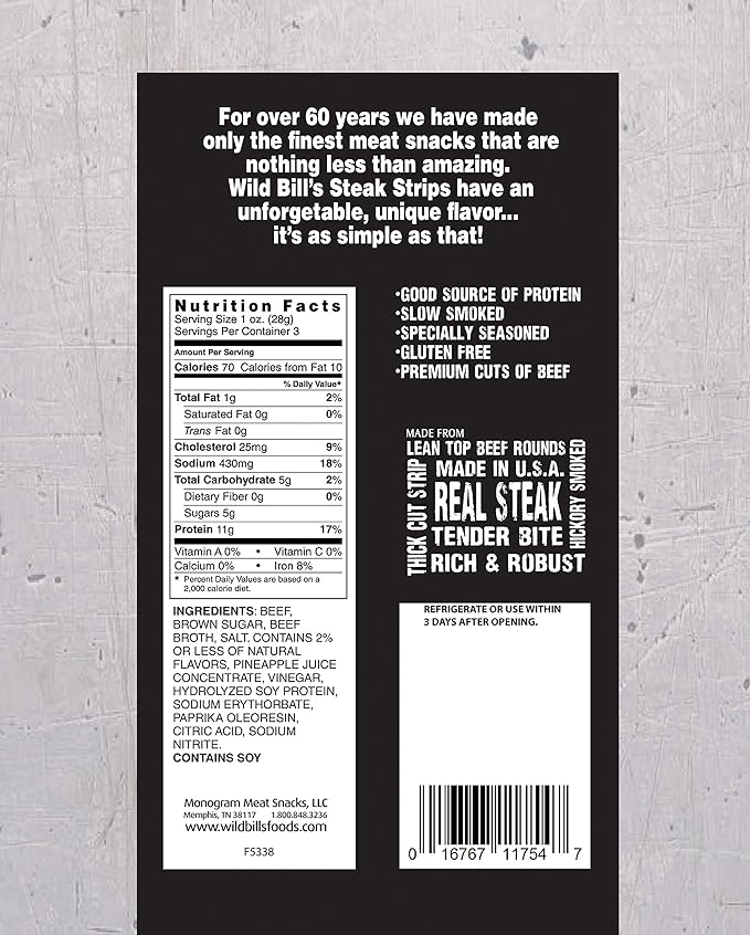 Wild Bill’s Steak Strips 3 Ounce Pack - Thick Cut Strips of Real Steak (3 count)