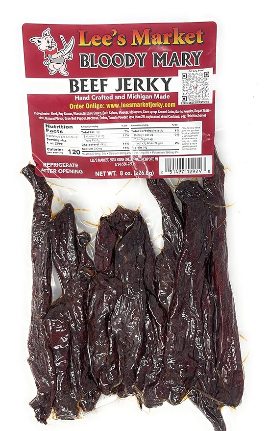 Lee's Market Bloody Mary Beef Jerky - Soft &amp Tender - Healthy Low Carb Gluten-Free Snack - Paleo &amp Keto-Friendly - Michigan Made Handcrafted Jerky - Specialty Gourmet Meat Snacks - 8oz
