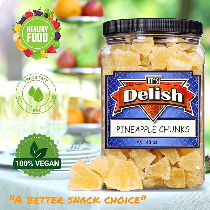 Delicious Dried Pineapple Chunks by It's Delish - 2.5 Lbs Reusable Jumbo Container | Lightly Sweetened Candied Fruit Low Sugar Vegan &amp Kosher Dry Fruit Snacks